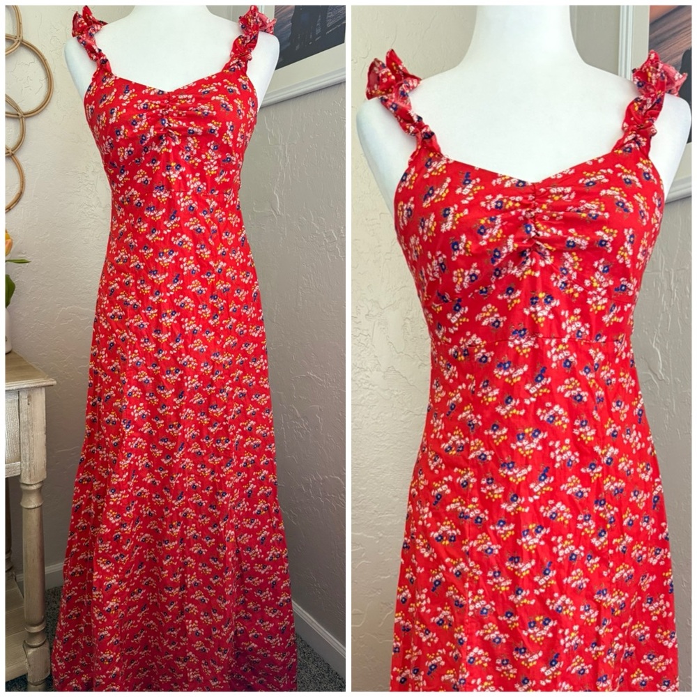 Vintage 70s Red Floral Long Maxi Cottage Core Prairie Dress